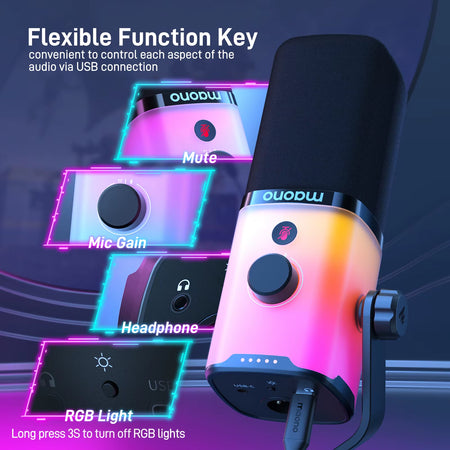 PD100X Gaming MIC,USB/XLR Dynamic Microphone with Noise Reduction,Mute,Headphone Jack,Rgb MIC for Gamer Streaming Podcast