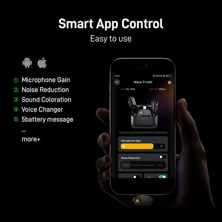 T1Mini Wireless Lapel Microphonefor Iphone Android Tablet PC with Noise Cancellation App Setting for Audio Video Recording