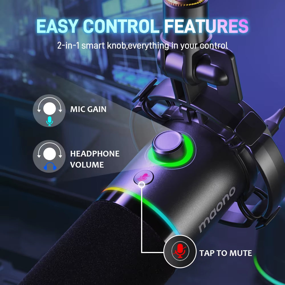 XLR\USB Dynamic Microphone for Gaming Recording Streaming Youtube Metal Mic with Software Tap-To-Mute Gain Knob PD200X