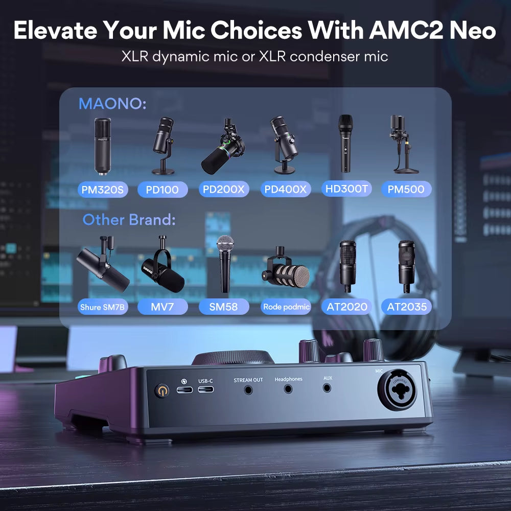AMC2 Neo Professional Sound Card Audio Interface Mixer with 48V Phantom Power for Smart Phone,Pc,Live Streaming,Recording