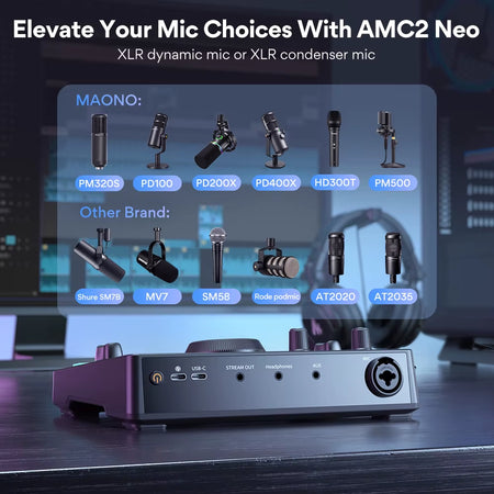 AMC2 Neo Professional Sound Card Audio Interface Mixer with 48V Phantom Power for Smart Phone,Pc,Live Streaming,Recording