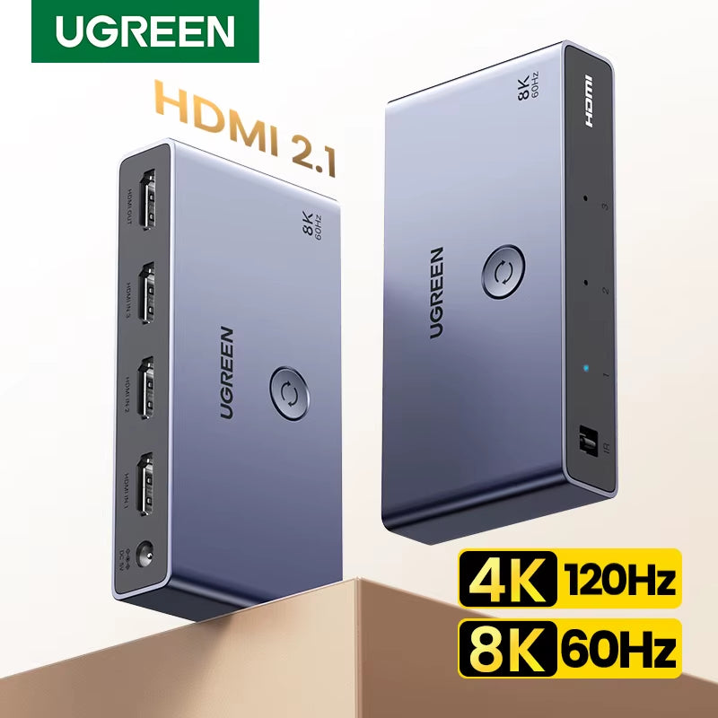 UGREEN HDMI 2.1 Switcher 8K 60Hz 4K120Hz Hdmi-Compatible Switch 3 in 1 Out with Remote Control 