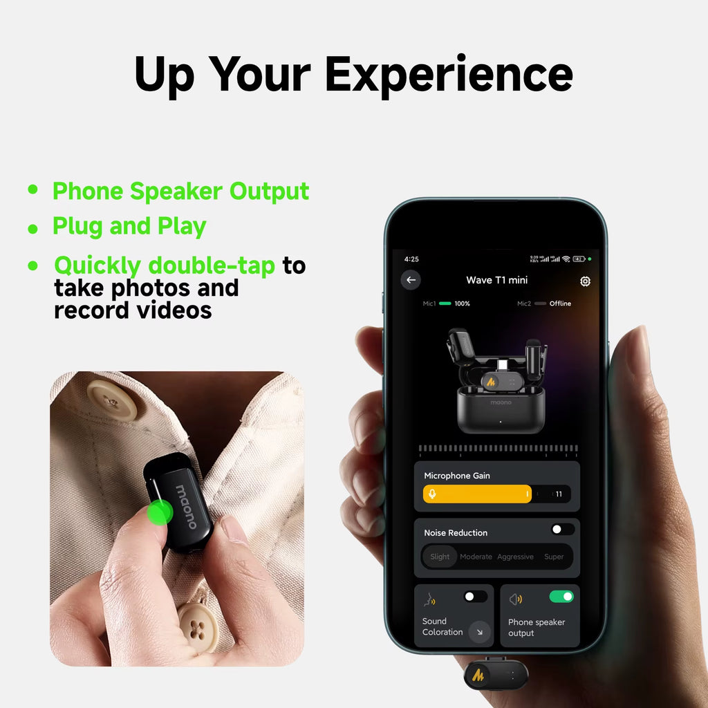 T1Mini Wireless Lapel Microphone AI Noise Cancelling App Control Auto Clipping Recording Streaming Mic for Content Creator