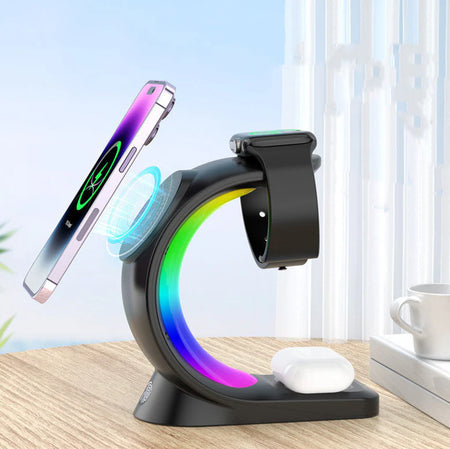 Magnetic Wireless Charging Station for iPhone, Apple Watch, AirPods Pro - Fast 4-in-1 Charger with RGB Atmosphere Lamp