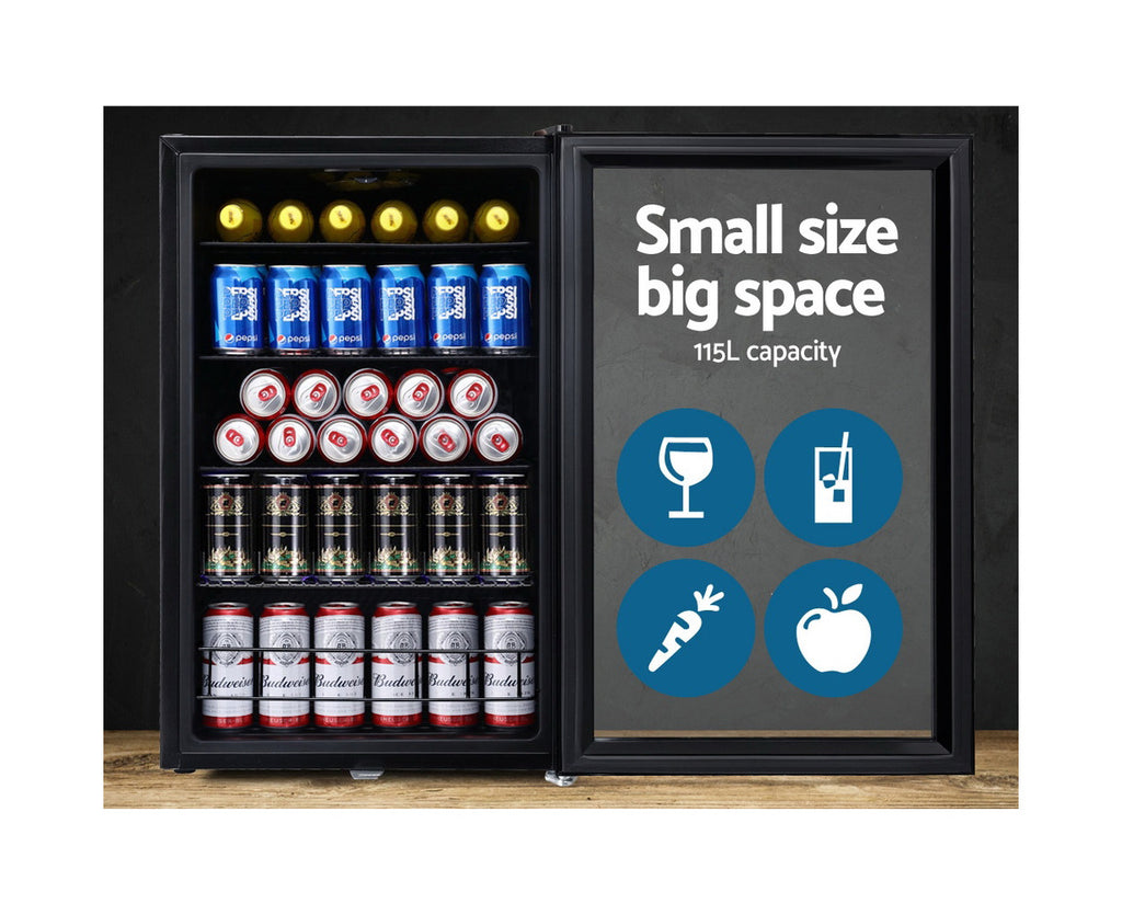 115L Bar Fridge Glass Door W/Light Black