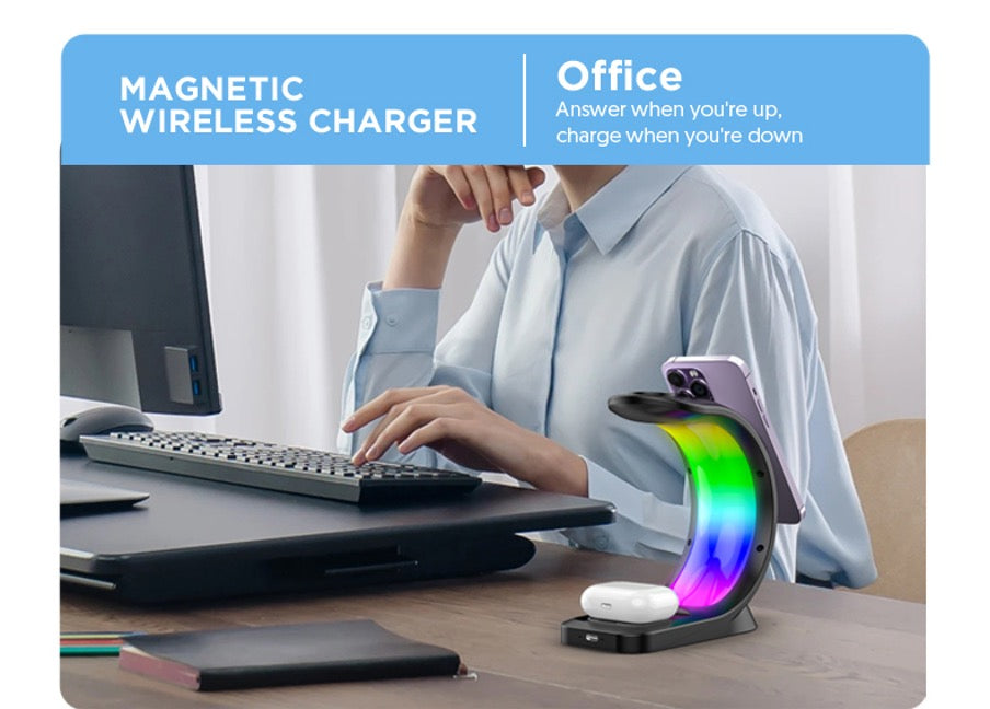 Magnetic Wireless Charging Station for iPhone, Apple Watch, AirPods Pro - Fast 4-in-1 Charger with RGB Atmosphere Lamp