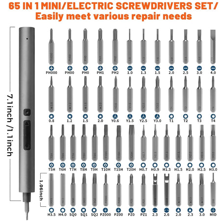 28/65 in 1 Precision Electric Screwdriver Set with 54 Magnetic Bits 2 Torque Settings for Repairs