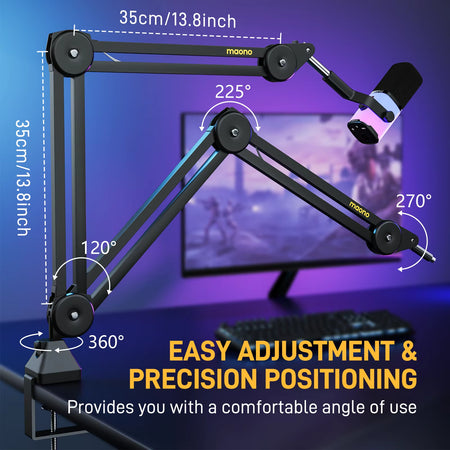 Microphone Boom Arm:Heavy Duty Adjustable Metal Suspension Mic Stand,Upgraded Desk Clamp,3/8" to 5/8" Screw Adapter,Ba37