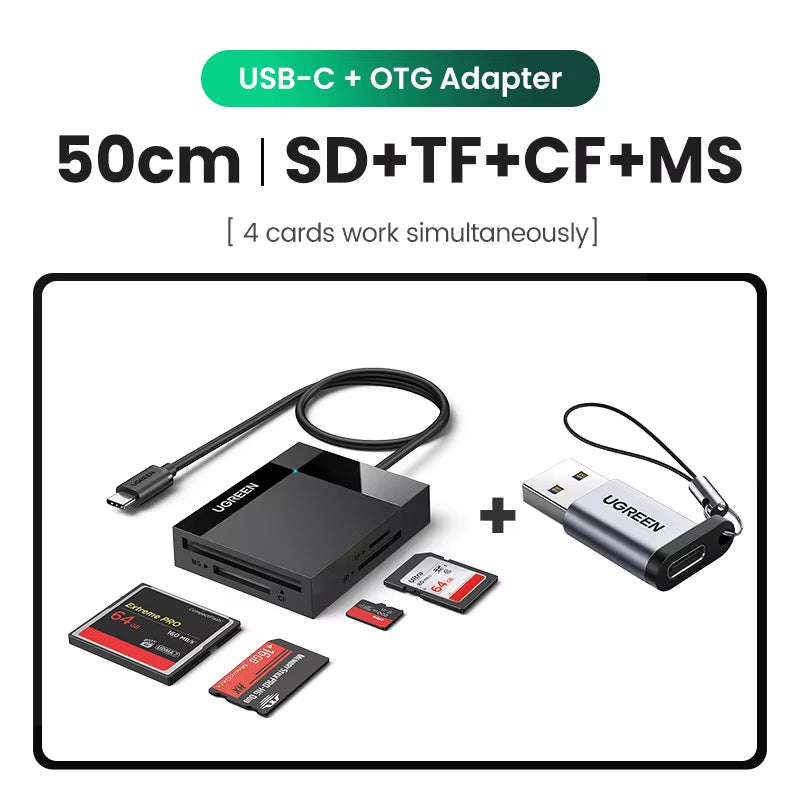UGREEN Card Reader 4-In-1 USB3.0/USB-C SD Micro SD TF CF MS Compact Flash Card Adapter for Laptop PC Multi OTG Smart Card Reader