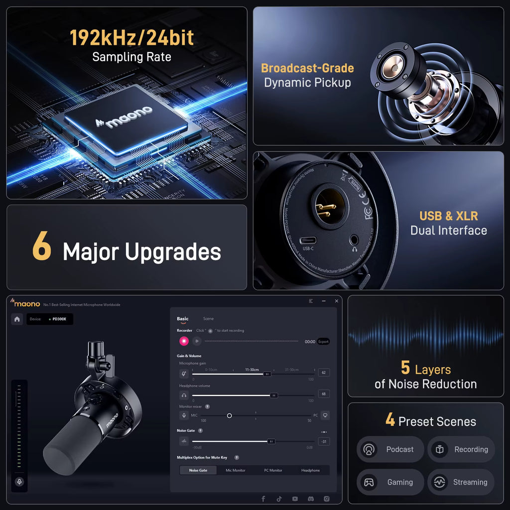 PD300X Dynamic Microphone XLR USB Podcast Recording Mic 192Khz24Bit for Content Creation Home Audio Studio Noise Reduction