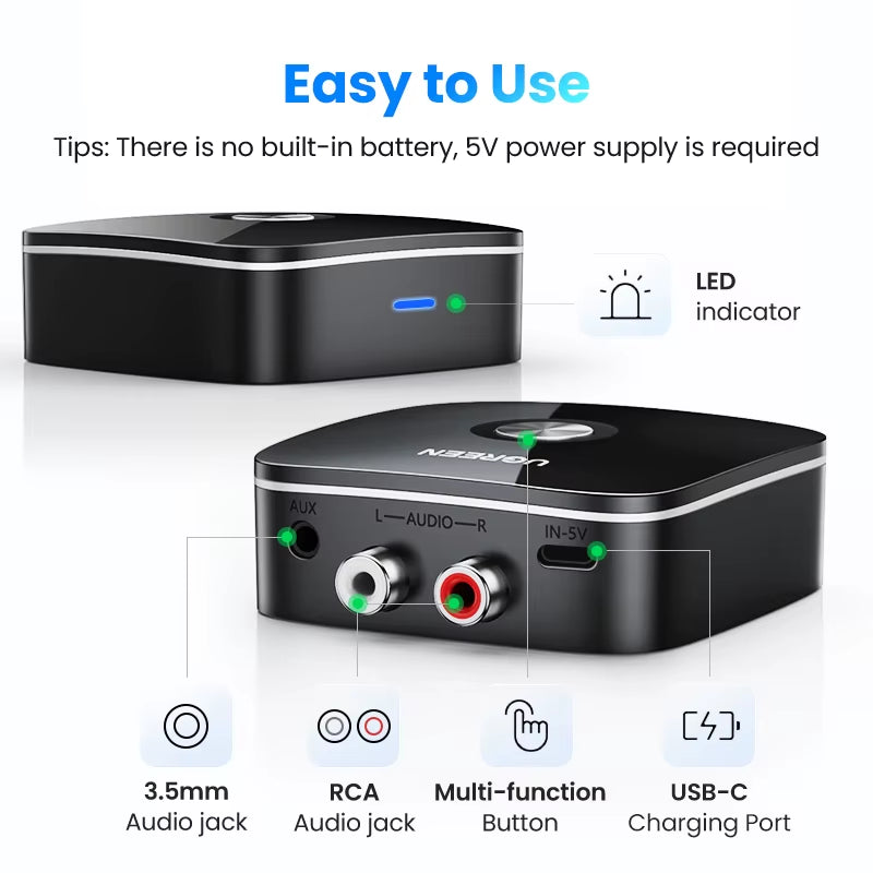 UGREEN Bluetooth RCA Receiver 5.1 Aptx HD 3.5Mm Jack Aux Wireless Adapter 