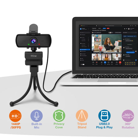 FIFINE 1440P Full HD PC Webcam with Microphone, Tripod, for USB Desktop & Laptop,Live Streaming Webcam for Video Calling-K420