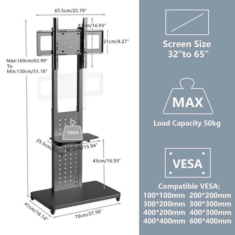 Heavy Duty Mobile TV Floor Stand Support Rotate Vertically & Horizontally