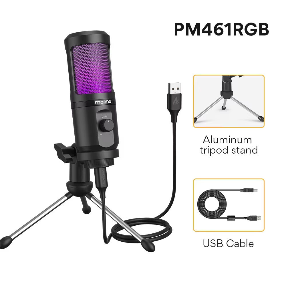 PM461TR USB Gaming Microphone Desktop Condenser Mic Podcast Pcomputer Mic with Gain for Recording,Podcasting,Streaming