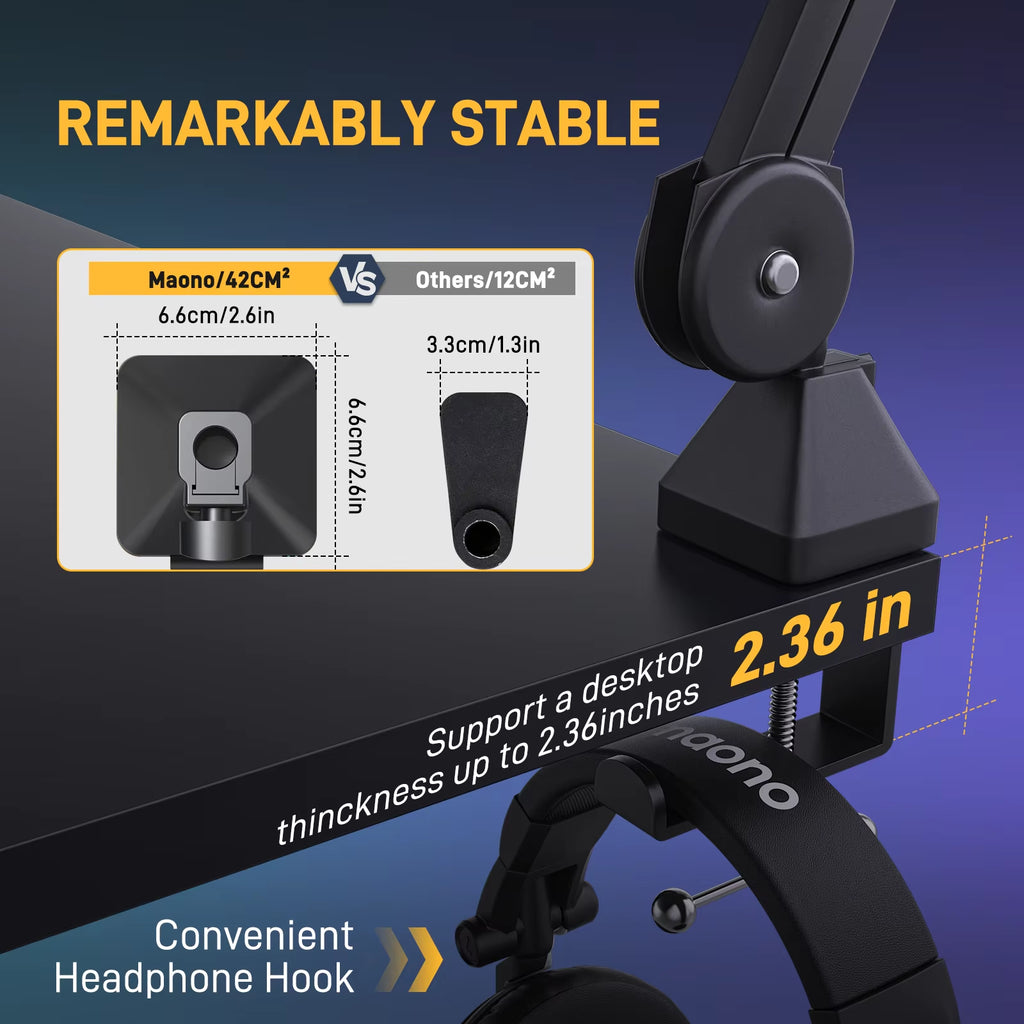 Microphone Boom Arm:Heavy Duty Adjustable Metal Suspension Mic Stand,Upgraded Desk Clamp,3/8" to 5/8" Screw Adapter,Ba37