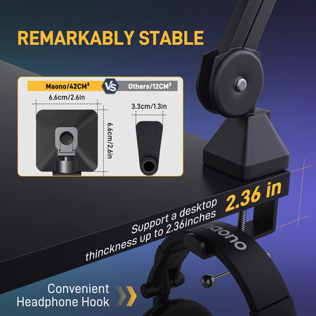 Microphone Boom Arm:Heavy Duty Adjustable Metal Suspension Mic Stand,Upgraded Desk Clamp,3/8" to 5/8" Screw Adapter,Ba37