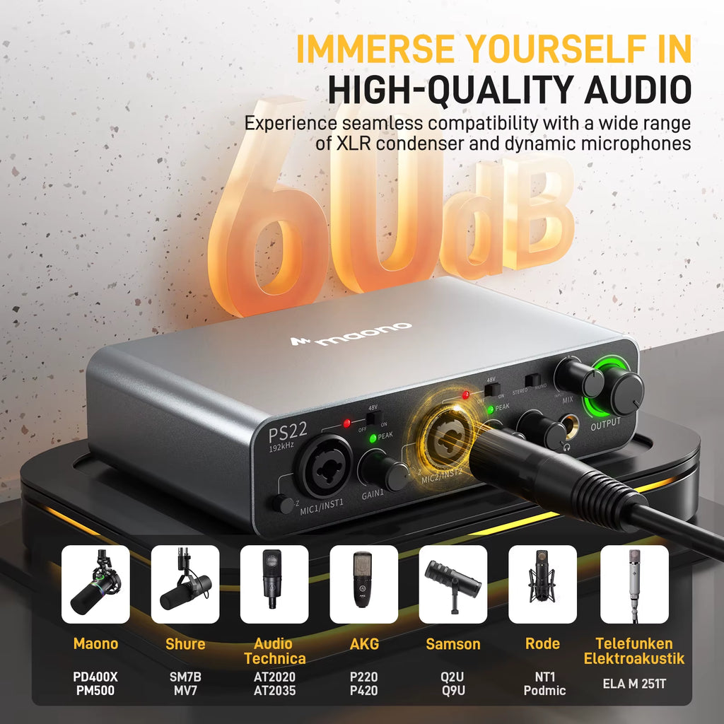 -PS22 USB Audio Interface for Pc,60Db Pro-Preamp, 24Bit 192Khz,Dual USB Interface for PC and Smartphone, Routing Software