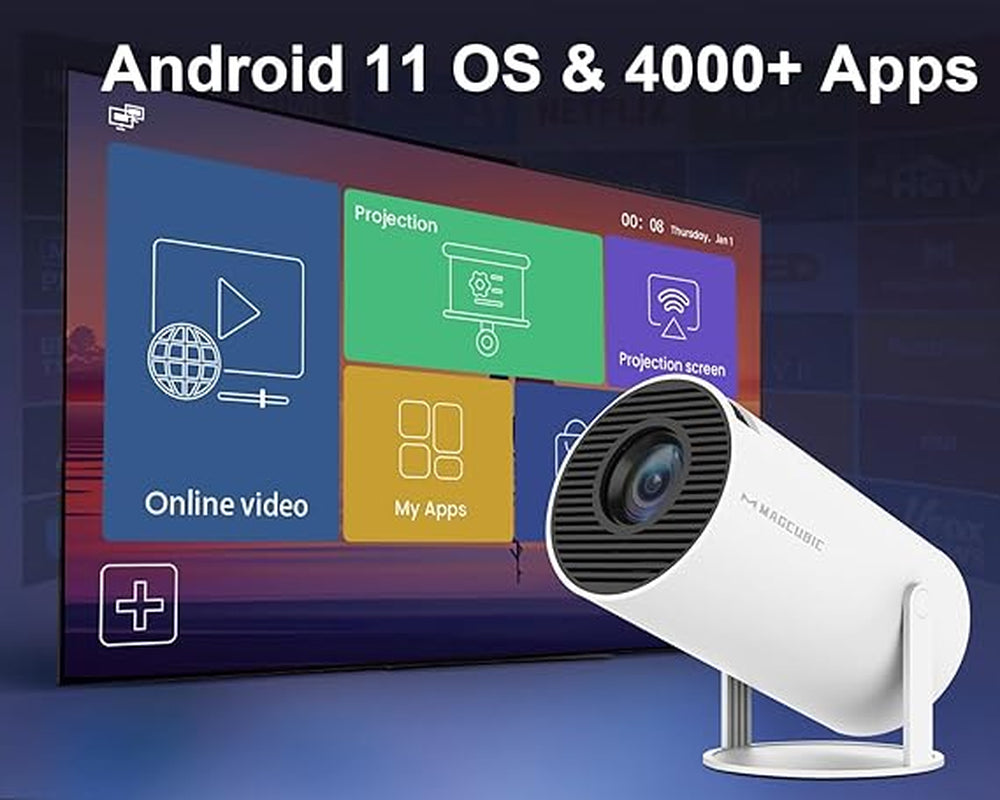 4K Mini Projector (1080P Native) - WiFi 6, BT 5.0, Android 11, Auto Horizontal Correction, 180° Rotatable