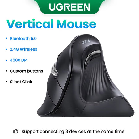UGREEN Vertical Mouse Wireless Bluetooth5.0 2.4G Ergonomic 4000DPI 6 Mute Buttons for Macbook Tablet Laptops Computer PC