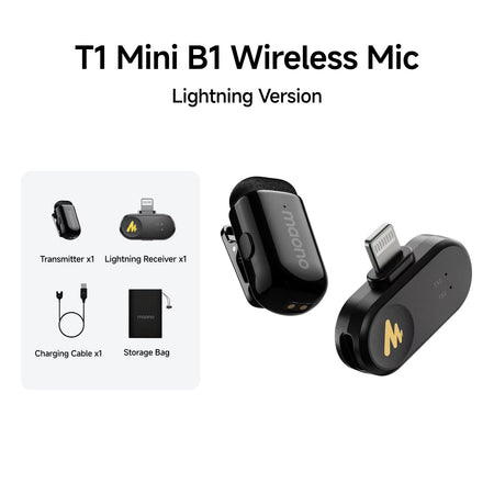 T1Mini Wireless Lapel Microphonefor Iphone Android Tablet PC with Noise Cancellation App Setting for Audio Video Recording