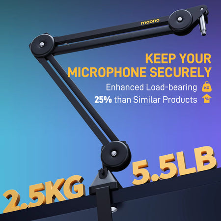 Microphone Boom Arm:Heavy Duty Adjustable Metal Suspension Mic Stand,Upgraded Desk Clamp,3/8" to 5/8" Screw Adapter,Ba37