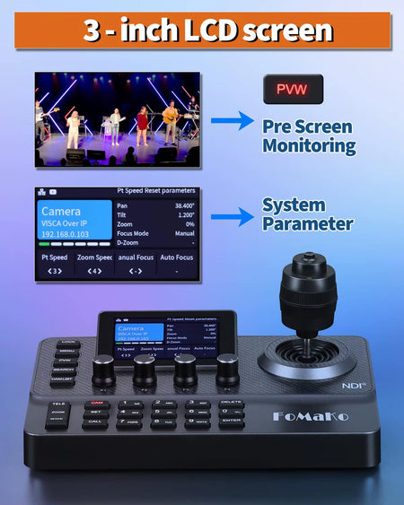 NDI PTZ Camera Controller 3" Preview LCD, NDI Controller Keyboard with 4D Joystick, for Church Worship Education, KC606N