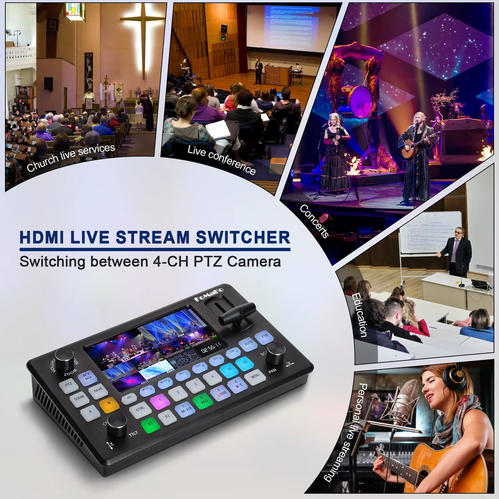 Video Mixer Switcher 5.5 Inch LCD Screen 4-Channel HDMI Live Streaming Switcher 1080P 60FPS (Does Not Support 4K)Kc601Pro