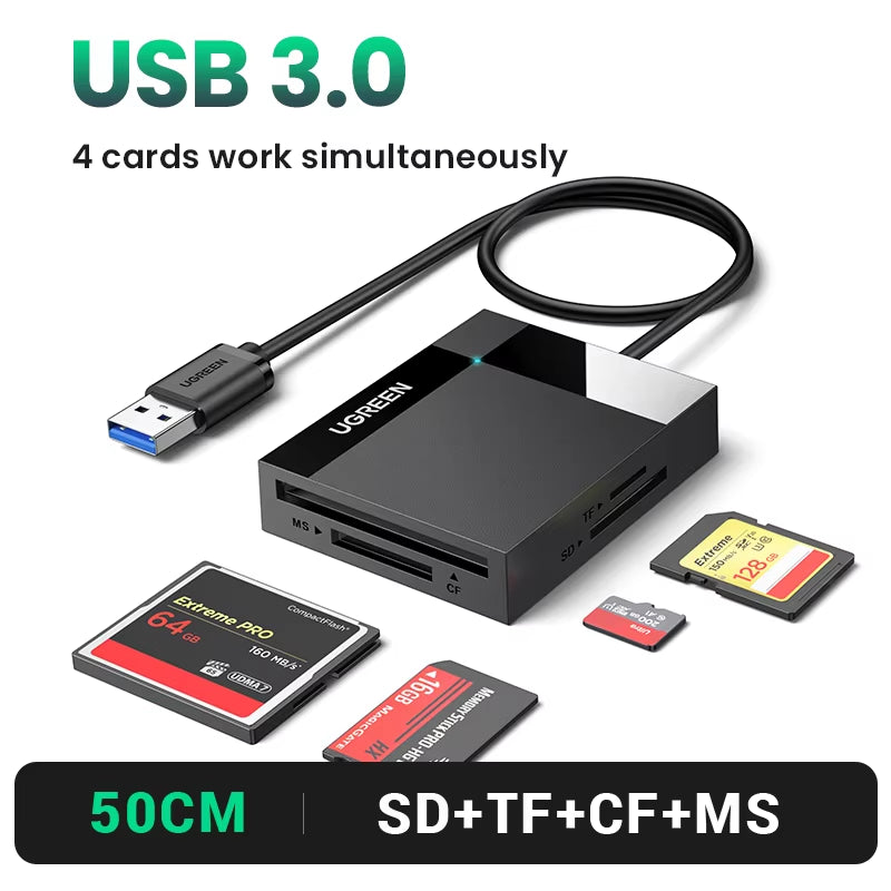 UGREEN Card Reader 4-In-1 USB3.0/USB-C SD Micro SD TF CF MS Compact Flash Card Adapter for Laptop PC Multi OTG Smart Card Reader