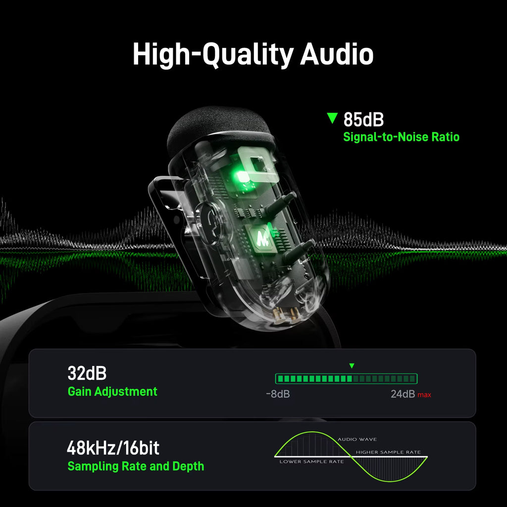 T1Mini Wireless Lav Mic for Phone AI Noise Cancelling Auto Clipping App Control Clip-On Microphone for Video Recordingvlog