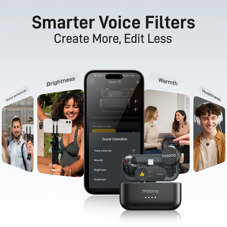 Wave T5 Wireless Lapel Microphone Mini Voice Filter Noise Cancellation for Video Recording Streaming Fit for Phones Camera