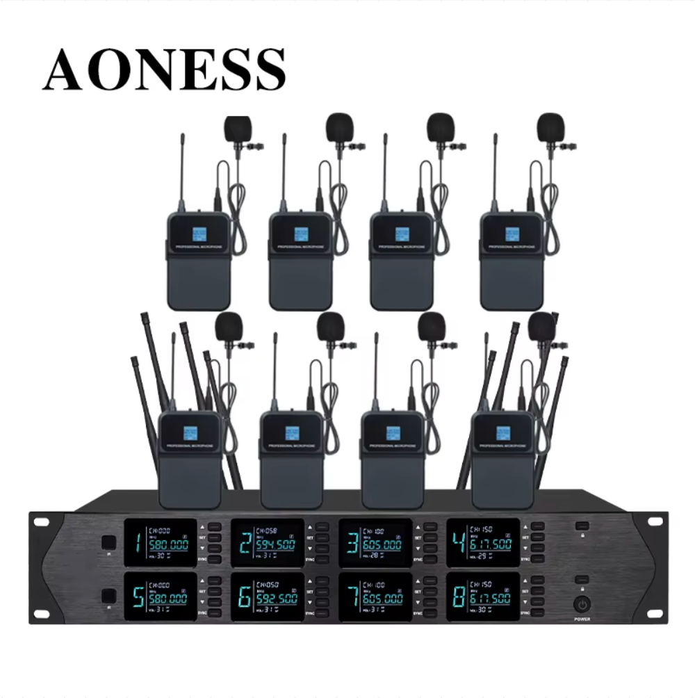 Professional Wireless Microphone UHF 8-Channel Handheld, Collar Clip, Conference Dynamic Microphones