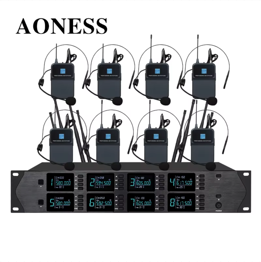 Professional Wireless Microphone UHF 8-Channel Handheld, Collar Clip, Conference Dynamic Microphones
