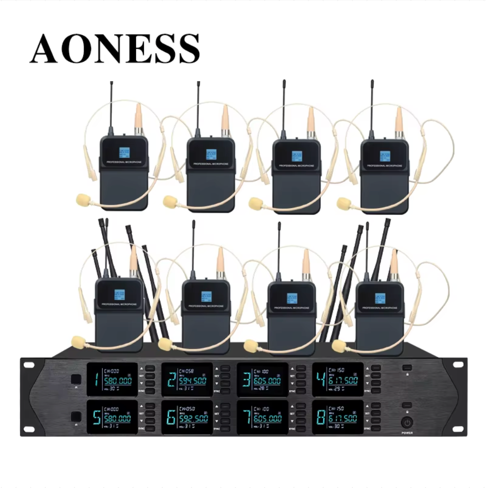 Professional Wireless Microphone UHF 8-Channel Handheld, Collar Clip, Conference Dynamic Microphones