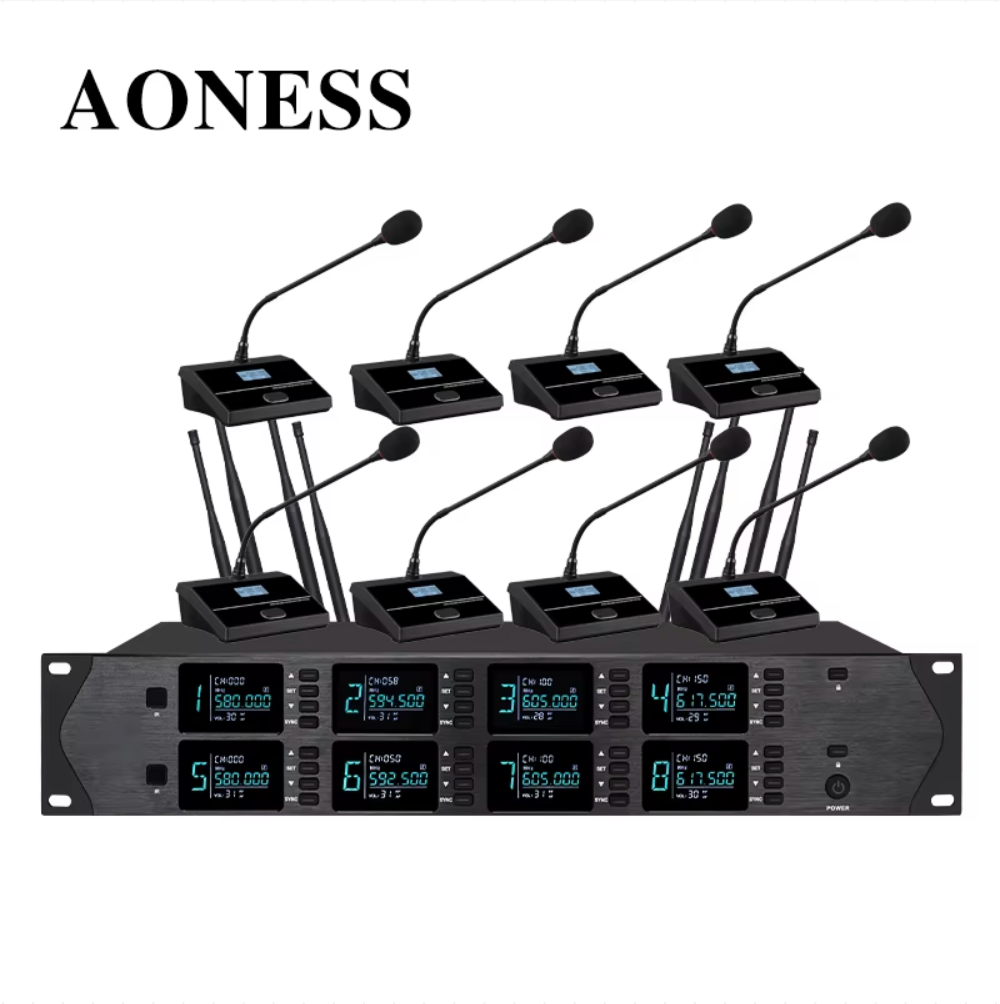 Professional Wireless Microphone UHF 8-Channel Handheld, Collar Clip, Conference Dynamic Microphones