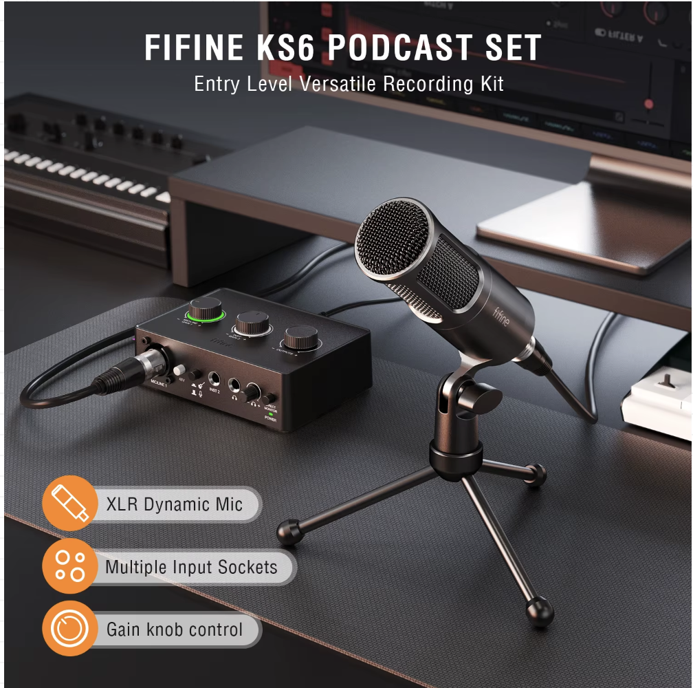 FIFINE Podcast All-In-One Studio Set with Audio Mixer and Dynamic Mic