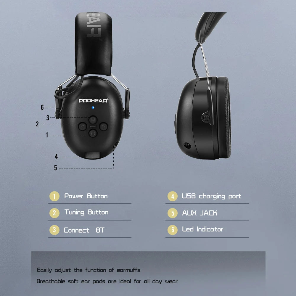 PROHEAR 037 Bluetooth 5.3 Hearing Protection Headphones designed for protecting your hearing in a noisy environment and lets you enjoy clear music & calls without removing your headsets.