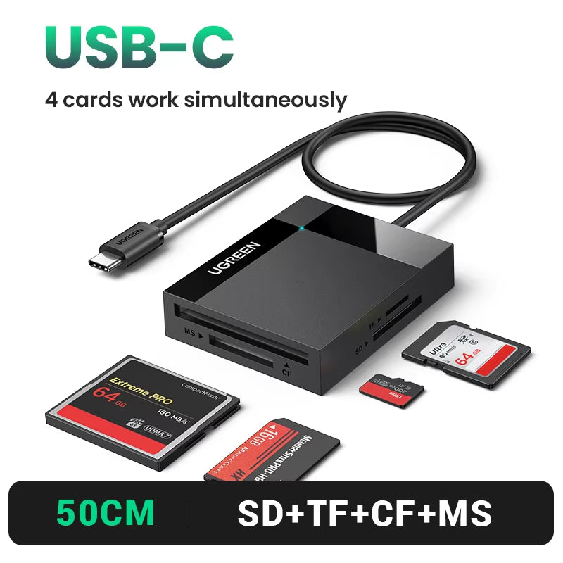 UGREEN Card Reader 4-In-1 USB3.0/USB-C SD Micro SD TF CF MS Compact Flash Card Adapter for Laptop PC Multi OTG Smart Card Reader