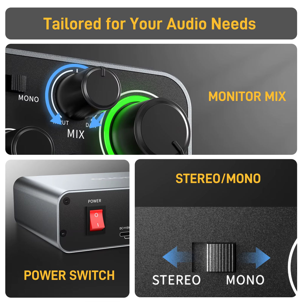 -PS22 USB Audio Interface for Pc,60Db Pro-Preamp, 24Bit 192Khz,Dual USB Interface for PC and Smartphone, Routing Software