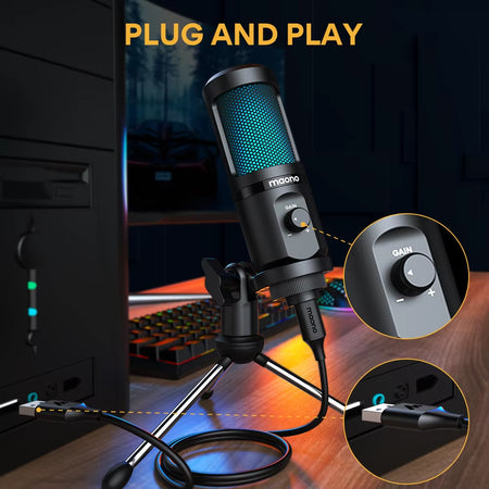 PM461TR USB Gaming Microphone Desktop Condenser Mic Podcast Pcomputer Mic with Gain for Recording,Podcasting,Streaming