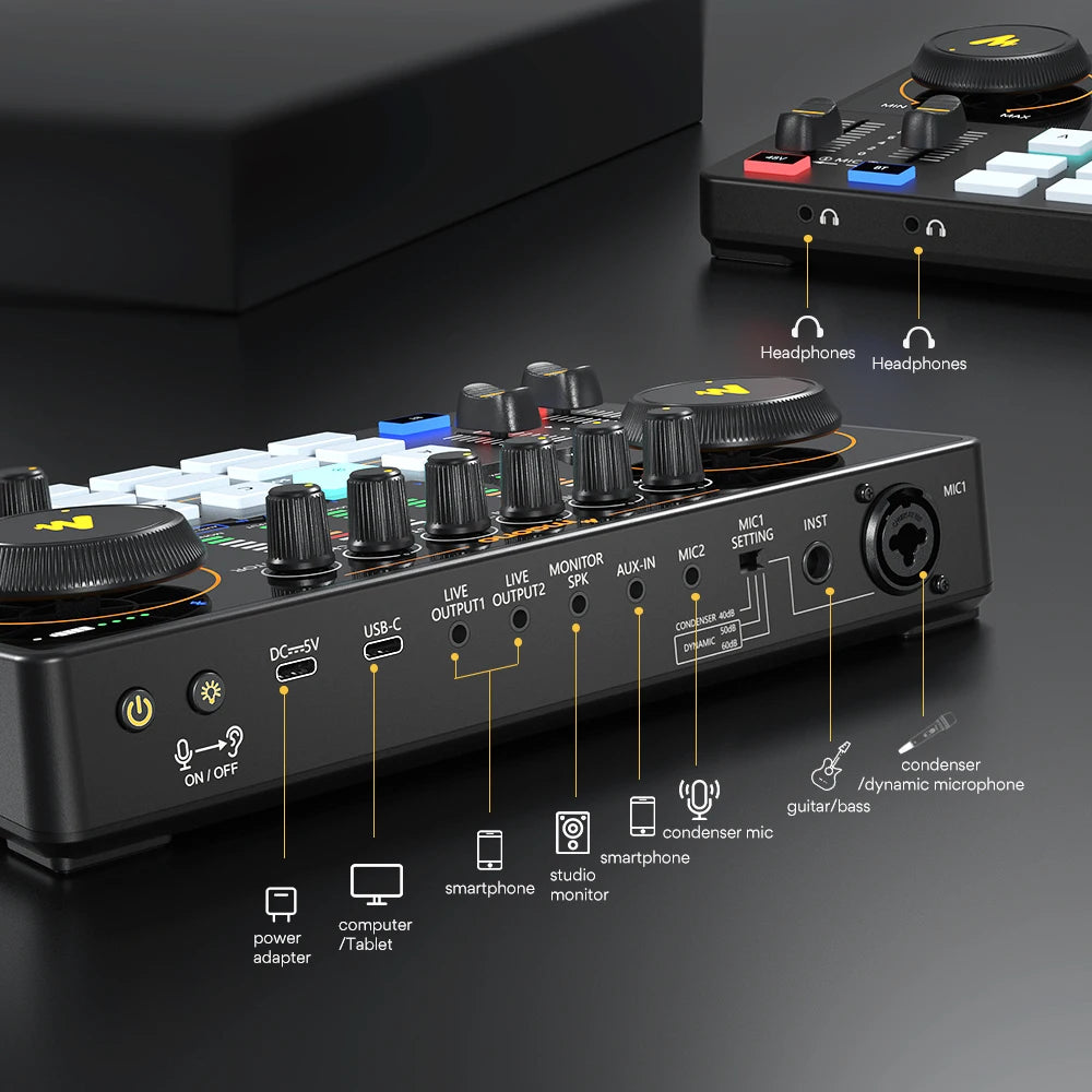 AME2 Portable Audio Interface All in One DJ Mixer for Recording, Live Streaming, Podcast 