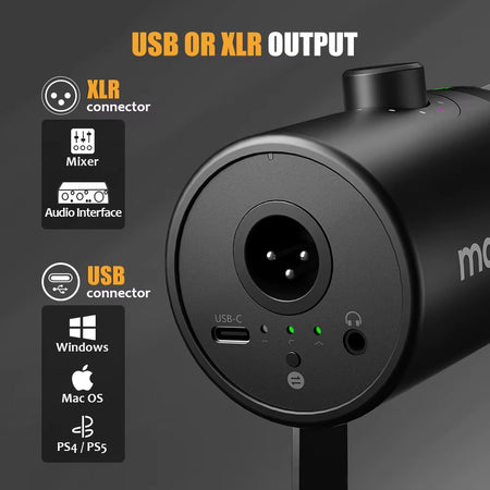 USB/XLR Dynamic Microphone All Metal with One-Touch Mute Headphone Jack and Volume Control for Podcasting Streaming PD400X