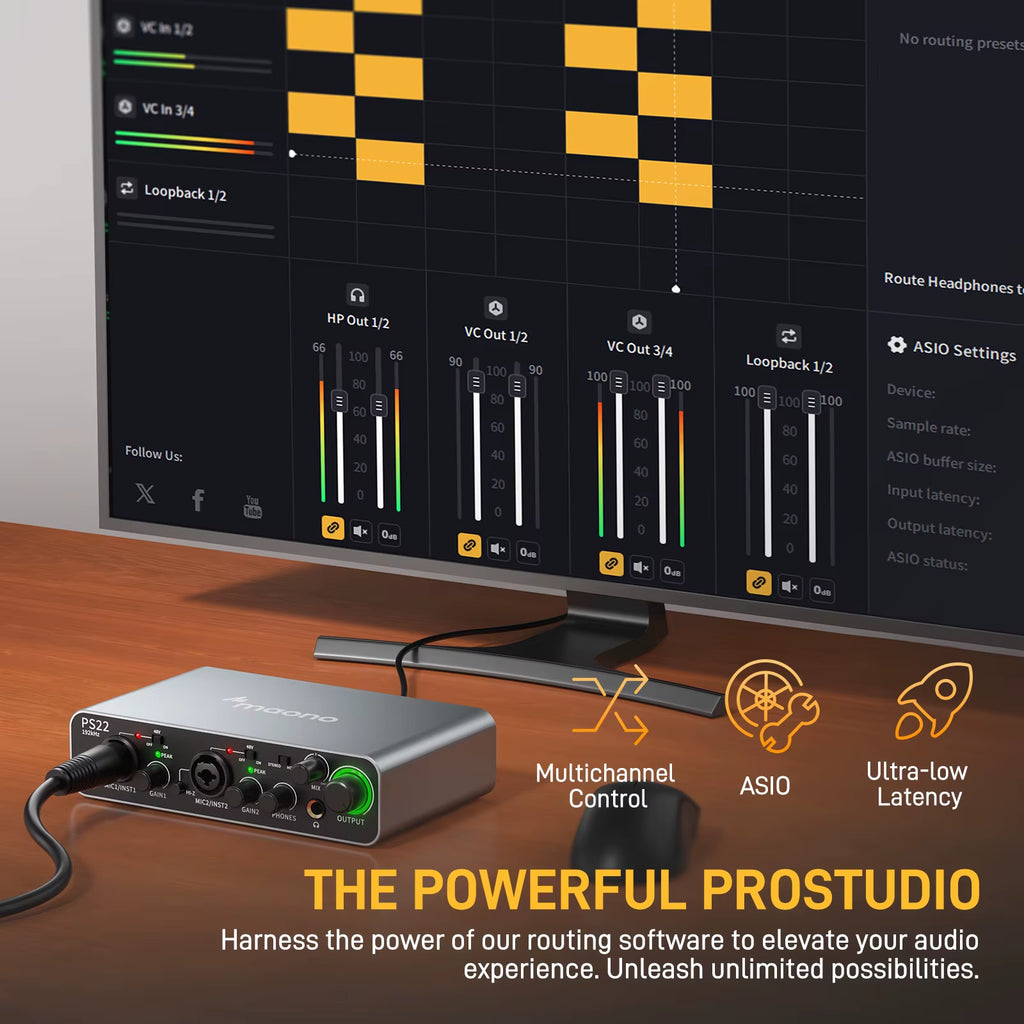 -PS22 USB Audio Interface for Pc,60Db Pro-Preamp, 24Bit 192Khz,Dual USB Interface for PC and Smartphone, Routing Software