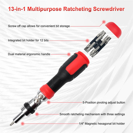 13 in 1 Ratcheting Screw Driver Set 180 Degree Pivoting Adjustable Angled Screw Driver Set Magnetic Screwdriver Bit Repair Tool