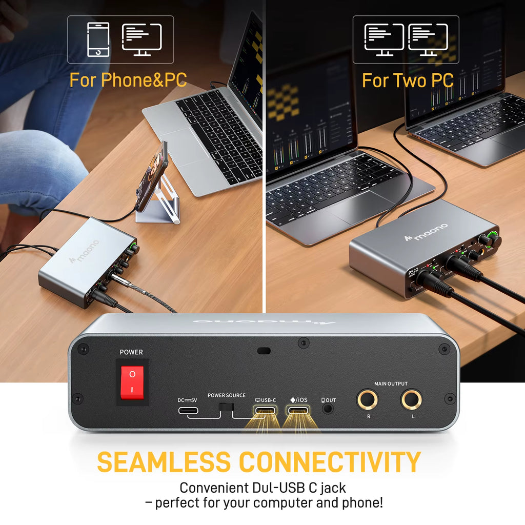 -PS22 USB Audio Interface for Pc,60Db Pro-Preamp, 24Bit 192Khz,Dual USB Interface for PC and Smartphone, Routing Software