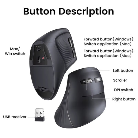 UGREEN Vertical Mouse Wireless Bluetooth5.0 2.4G Ergonomic 4000DPI 6 Mute Buttons for Macbook Tablet Laptops Computer PC