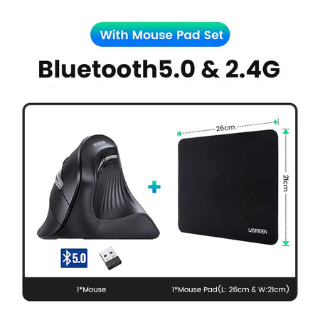 UGREEN Vertical Mouse Wireless Bluetooth5.0 2.4G Ergonomic 4000DPI 6 Mute Buttons for Macbook Tablet Laptops Computer PC