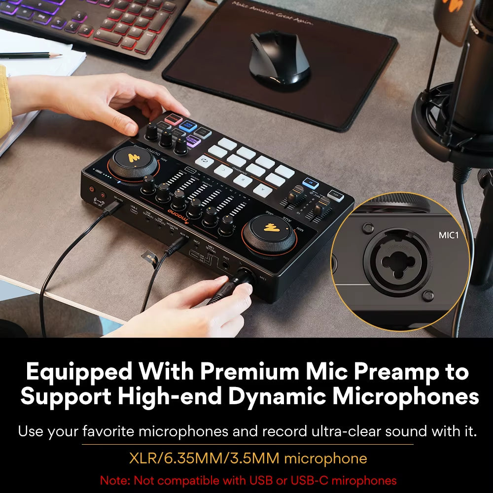 caster AME2A Sound Card Set with XLR Microphone Audio Interface Podcasting for Youtube DJ Live Streaming Phone Computer PC