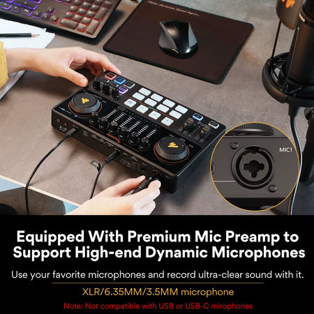caster AME2A Sound Card Set with XLR Microphone Audio Interface Podcasting for Youtube DJ Live Streaming Phone Computer PC