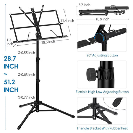 Foldable Music Stand Dual-Use Desktop Book Portable and Light Weight with Clip Holder Carrying Bag