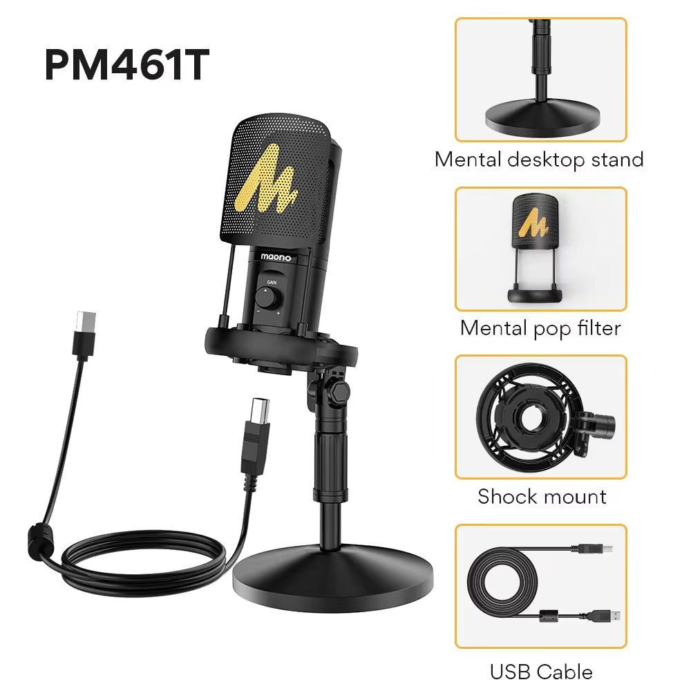 PM461TR USB Gaming Microphone Desktop Condenser Mic Podcast Pcomputer Mic with Gain for Recording,Podcasting,Streaming